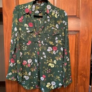 Ann Taylor Army Green Long Sleeve Blouse with Pink Floral Detail (M)